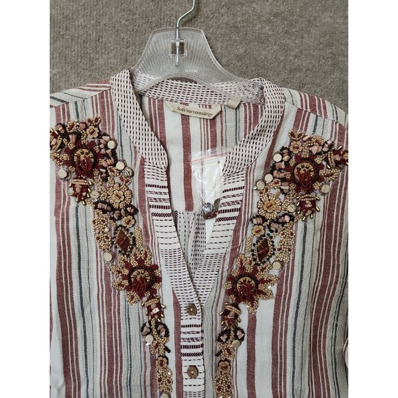 Soft Surroundings Beaded Tunic Womens M Repose Berry Stripe Linen Blend NEW - Picture 6 of 12